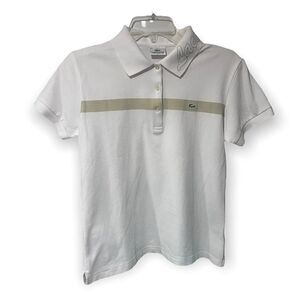 LACOSTE SLIM FIT LETTERED COLLAR SINGLE STRIPE POLO SHIRT WHITE/TAN S
